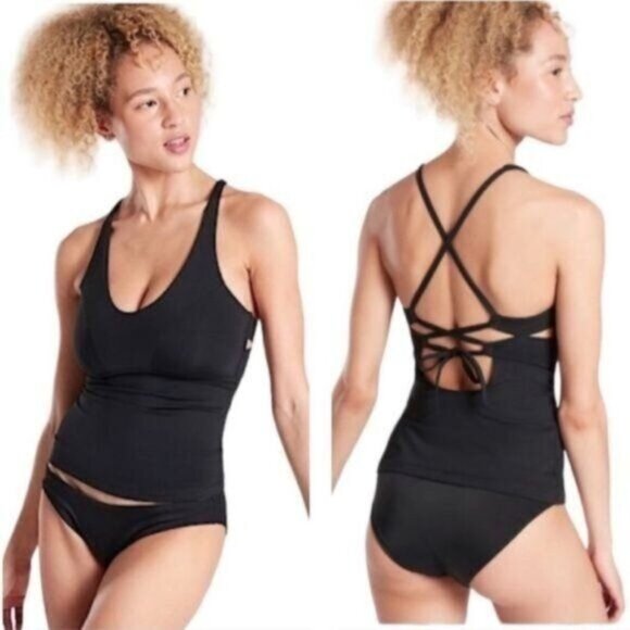 Athleta Triangle Swim Tankini Black Swim Tank  UPF 50+ Beach Vacation Small - Picture 1 of 6